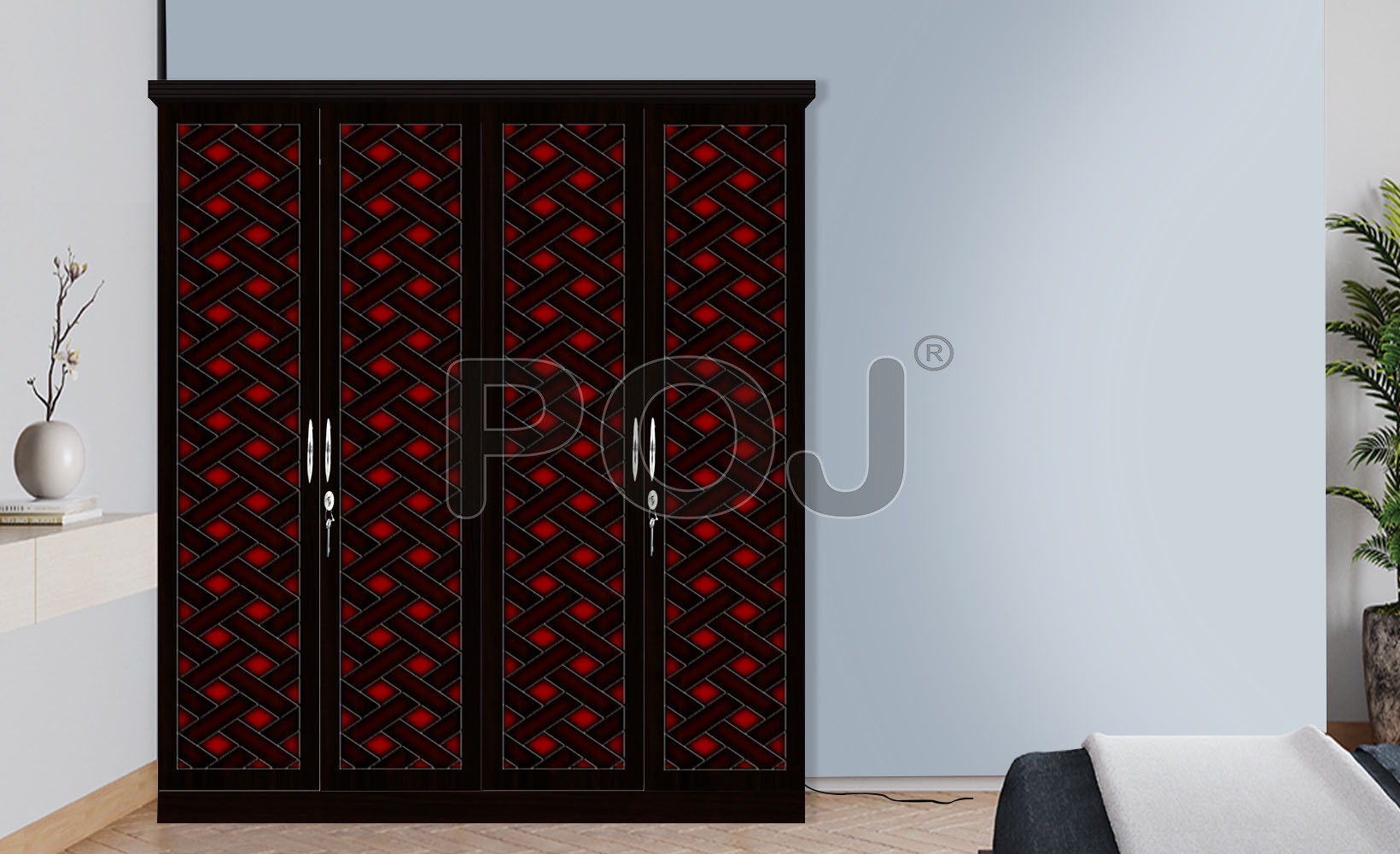 Buy Aspen 4 Door Wardrobe With Red Color 3D Design On Door Online