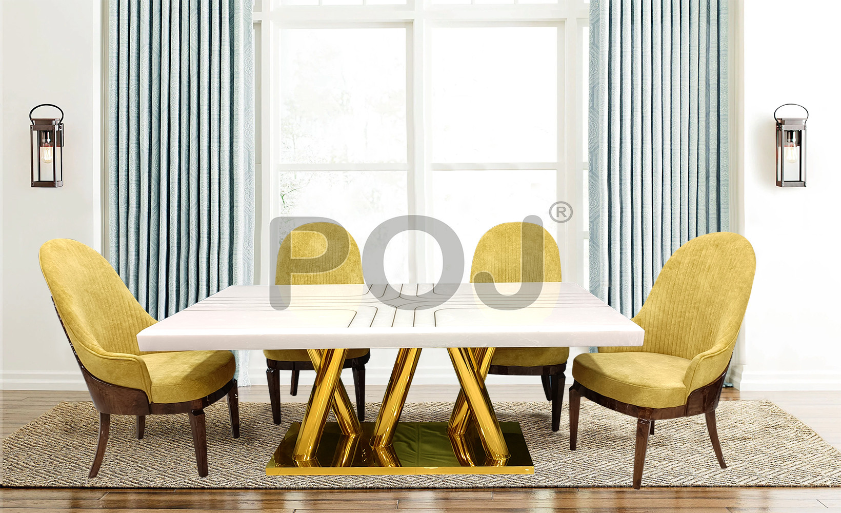 Modern Elegant Rectangular Marble Accent Dining Table with Stainless Steel Base in Gold