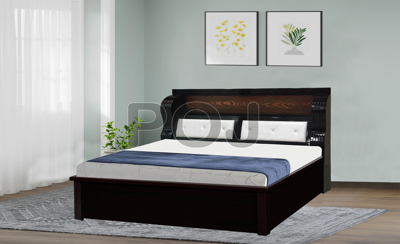 Ava Queen Size Bed With Full Hydraulic Storage In Walnut Finish