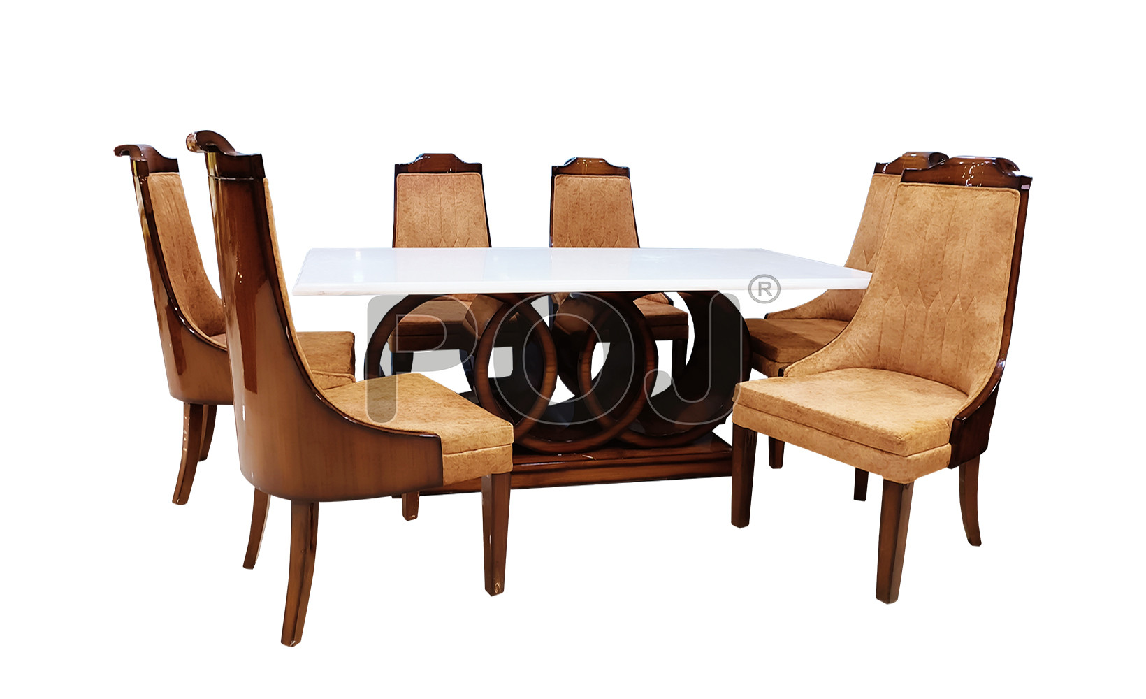 Classic POJ 6 Seater Marble Top Dining Set in Glossy Polish Finish