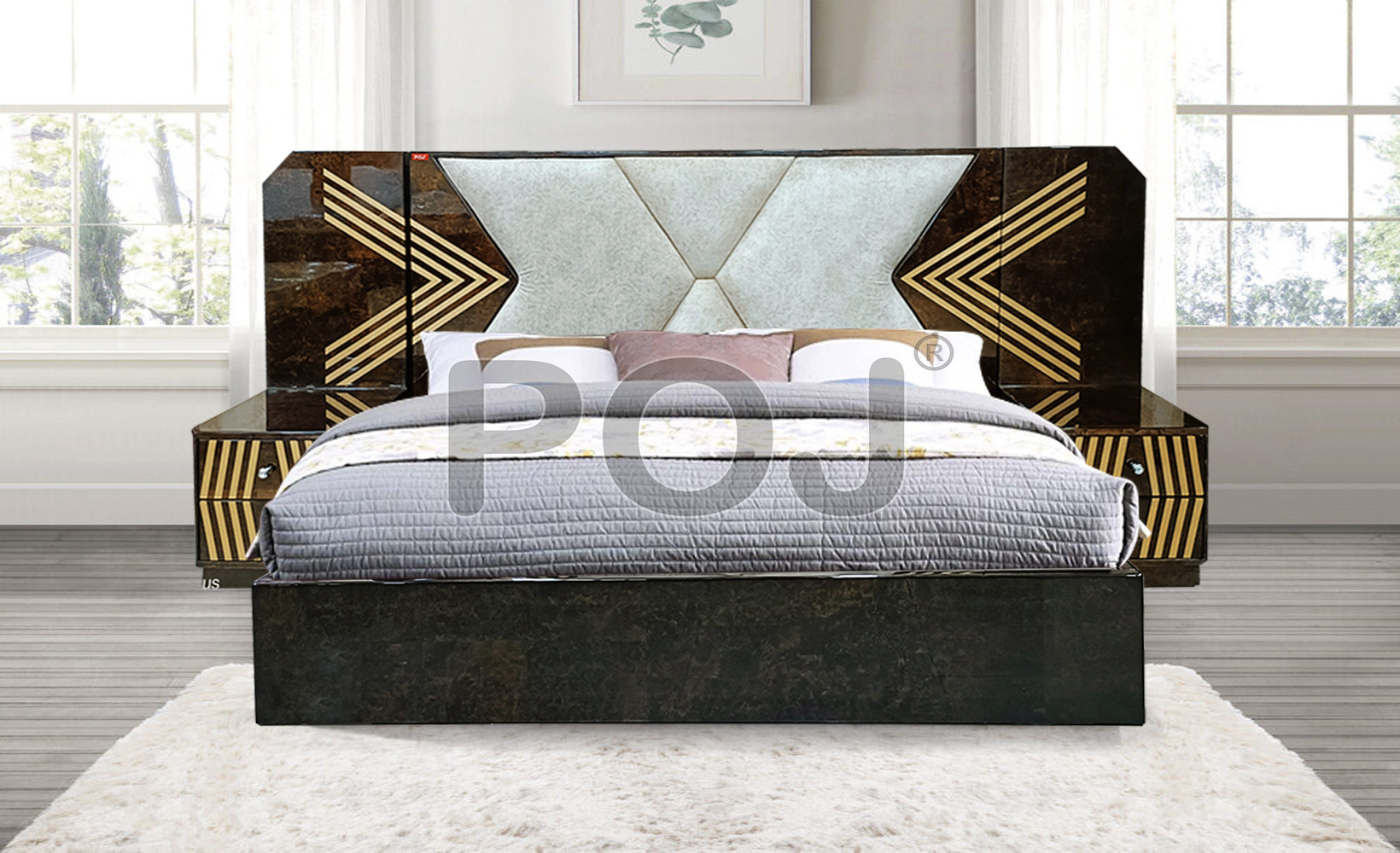 Oscar King Size Upholstered Bed With Geometric Designed Headboard