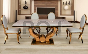 Enzo Marble Dining Table Set With Golden Steel Frame