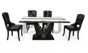 Salena Marble Dining Table Set With Letherite Design On Table Base And Chair